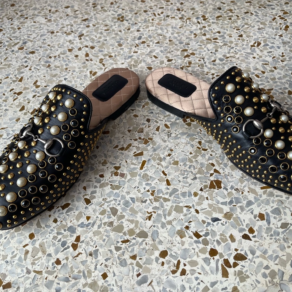 Gucci Princeton Pearl Studded Mules NWT! 37/7 black Horsebit NEVER WORN! Leather - Picture 6 of 9